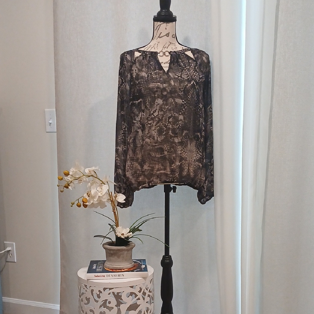 JLo Chic Sheer Black and Gray Blouse